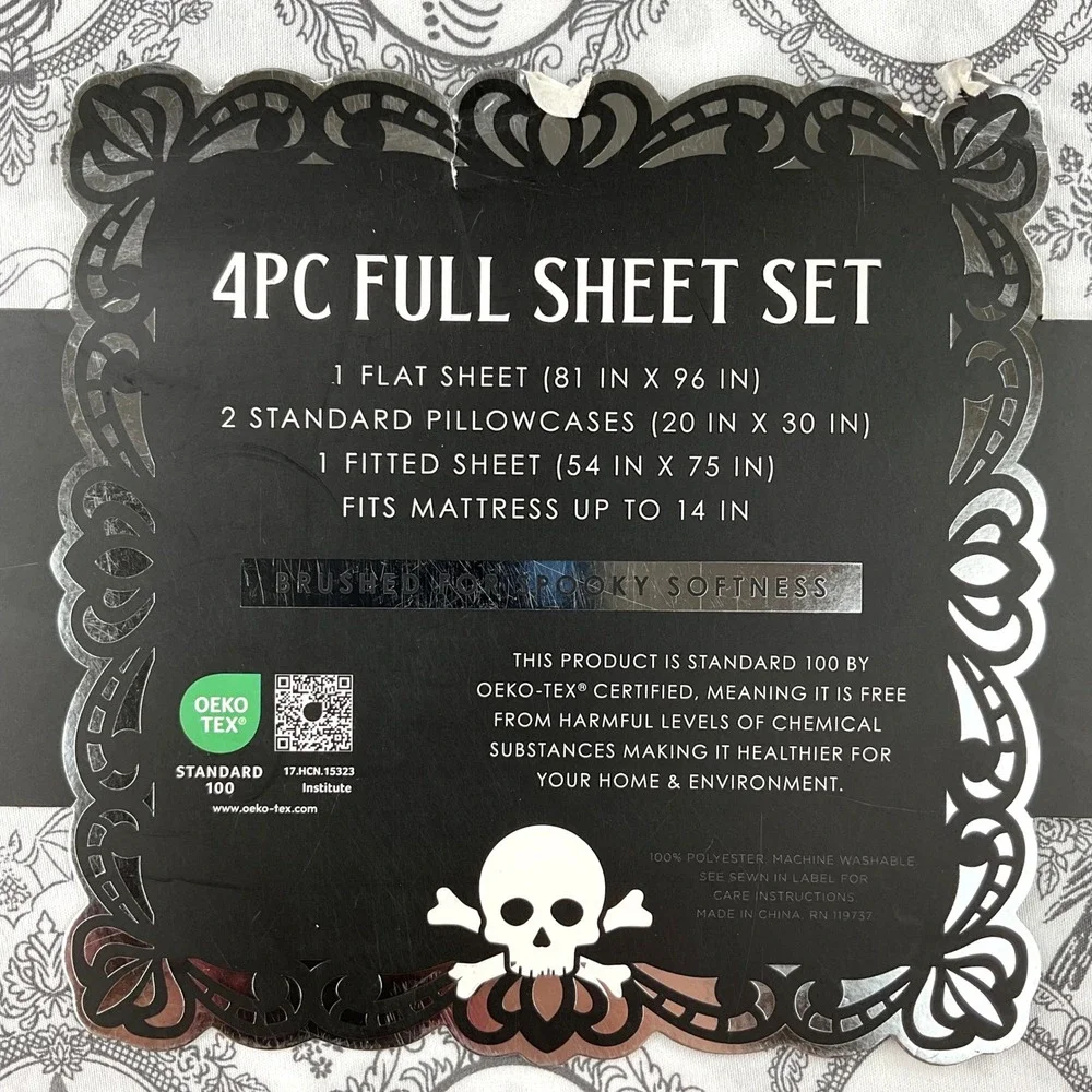 Madame Bones Halloween Full Sheet Set 4pc Gothic Skeleton Cat Cameo White Black